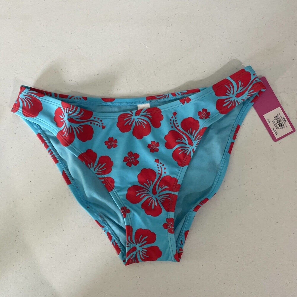 Ninety Nine Bathing Suit Bottom Bikini Hi Cut Blue Red Flowers Size L(11-13)